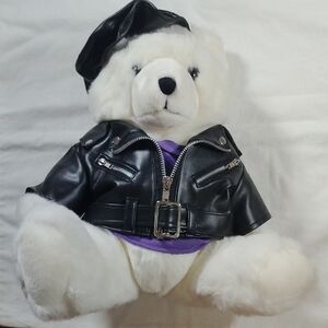 Plush Hard Rock Teddy Bear with Faux Leather Jacket & Hat Like New